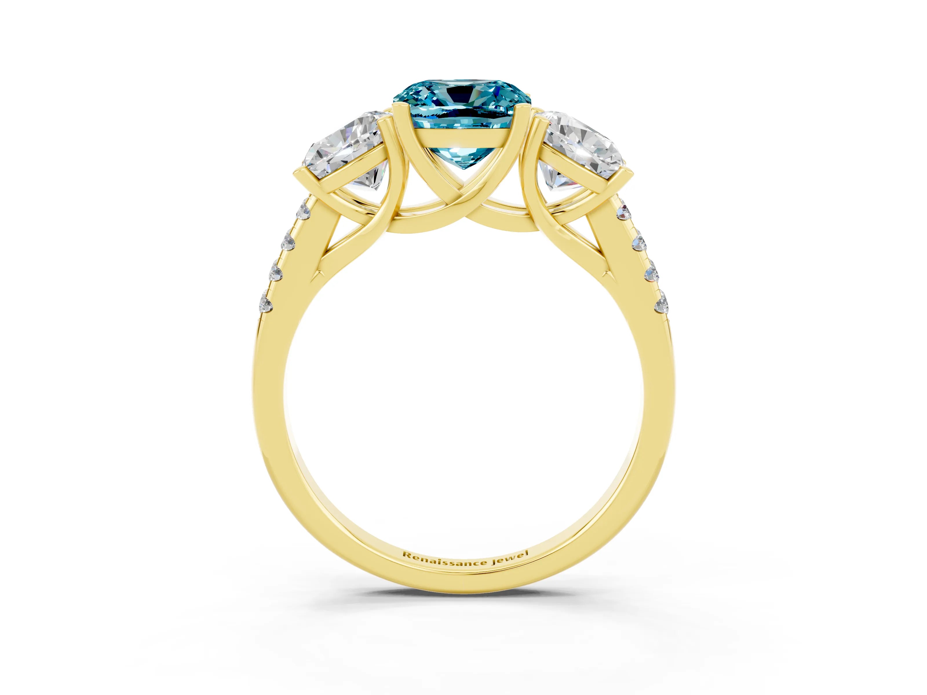 Yellow gold Three-Stone Cushion Cut Blue Topaz Ring with Pavé Band and Prong Setting_15
