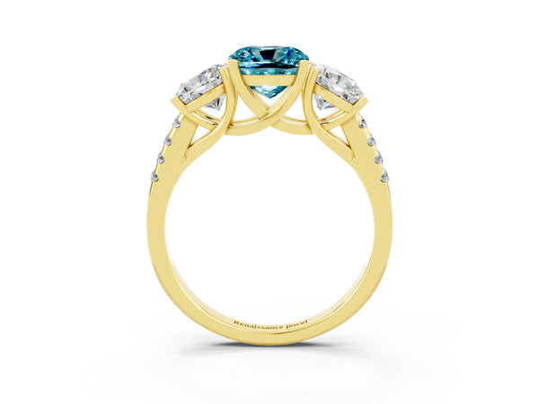 Yellow gold Three-Stone Cushion Cut Blue Topaz Ring with Round  Pavé Band and Prong Setting