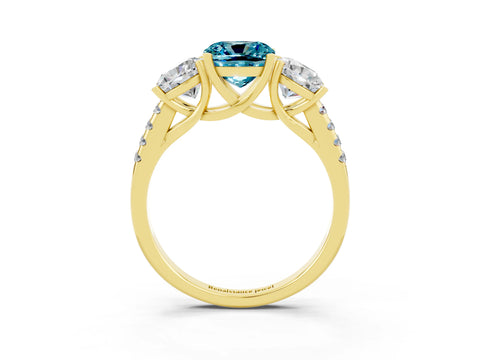 Yellow gold Three-Stone Cushion Cut Blue Topaz Ring with Pavé Band and Prong Setting_15