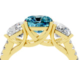 Yellow gold Three-Stone Cushion Cut Blue Topaz Ring with Pavé Band and Prong Setting_16