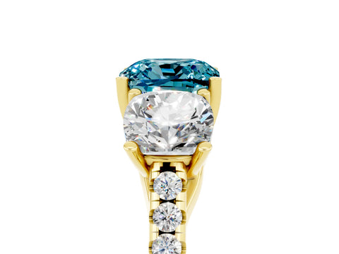 Yellow gold Three-Stone Cushion Cut Blue Topaz Ring with Pavé Band and Prong Setting_17