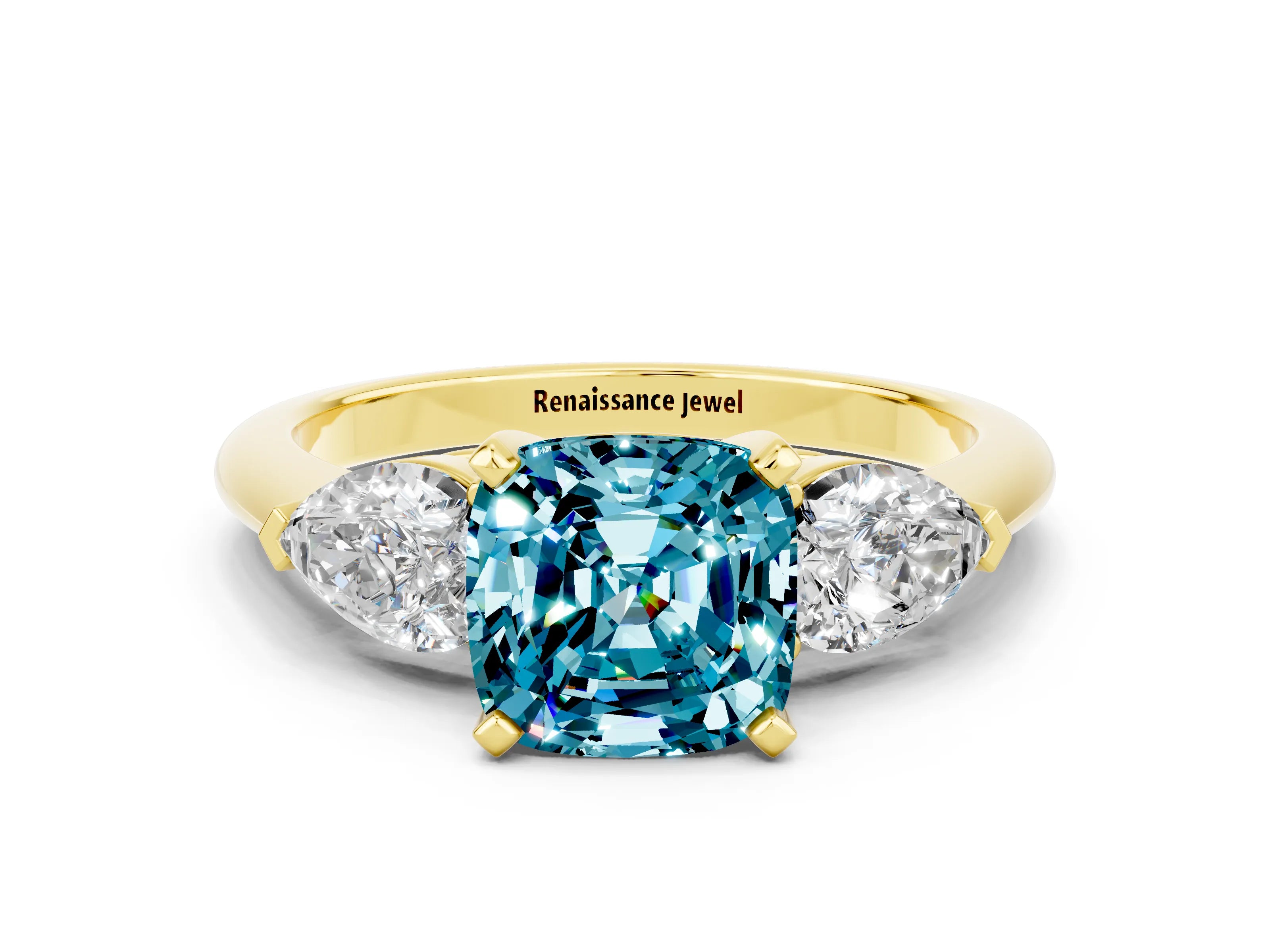Yellow gold Three-Stone Cushion Cut Blue Topaz Ring with Pear Side Stones and Four-Prong Setting