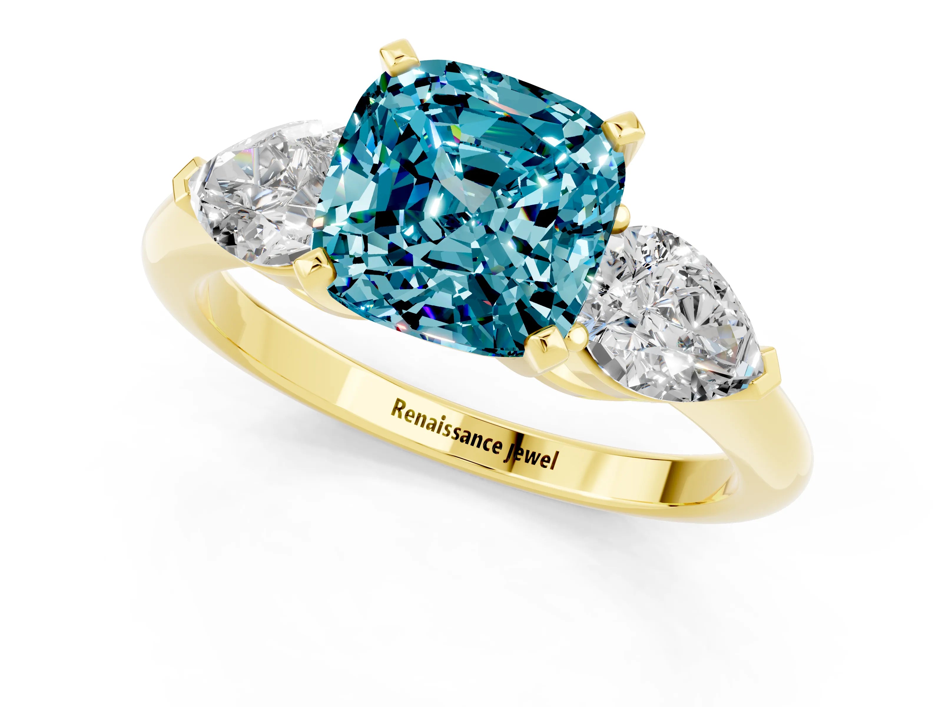 Yellow gold Three-Stone Cushion Cut Blue Topaz Ring with Pear Side Stones and Four-Prong Setting_1