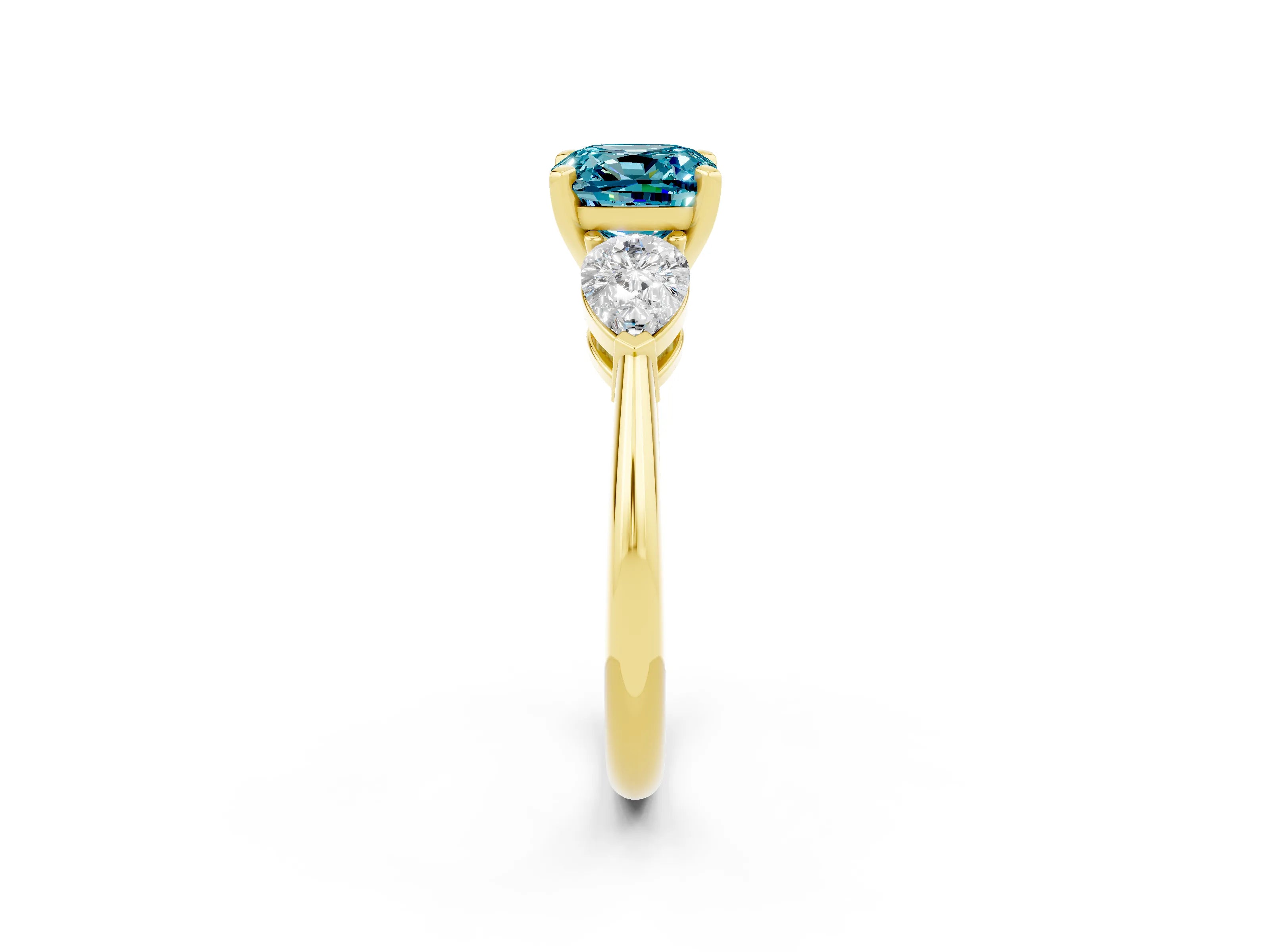 Yellow gold Three-Stone Cushion Cut Blue Topaz Ring with Pear Side Stones and Four-Prong Setting_2