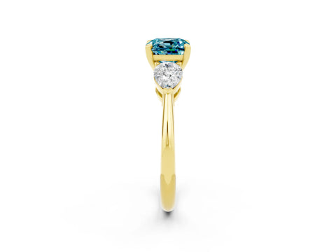 Yellow gold Three-Stone Cushion Cut Blue Topaz Ring with Pear Side Stones and Four-Prong Setting_2