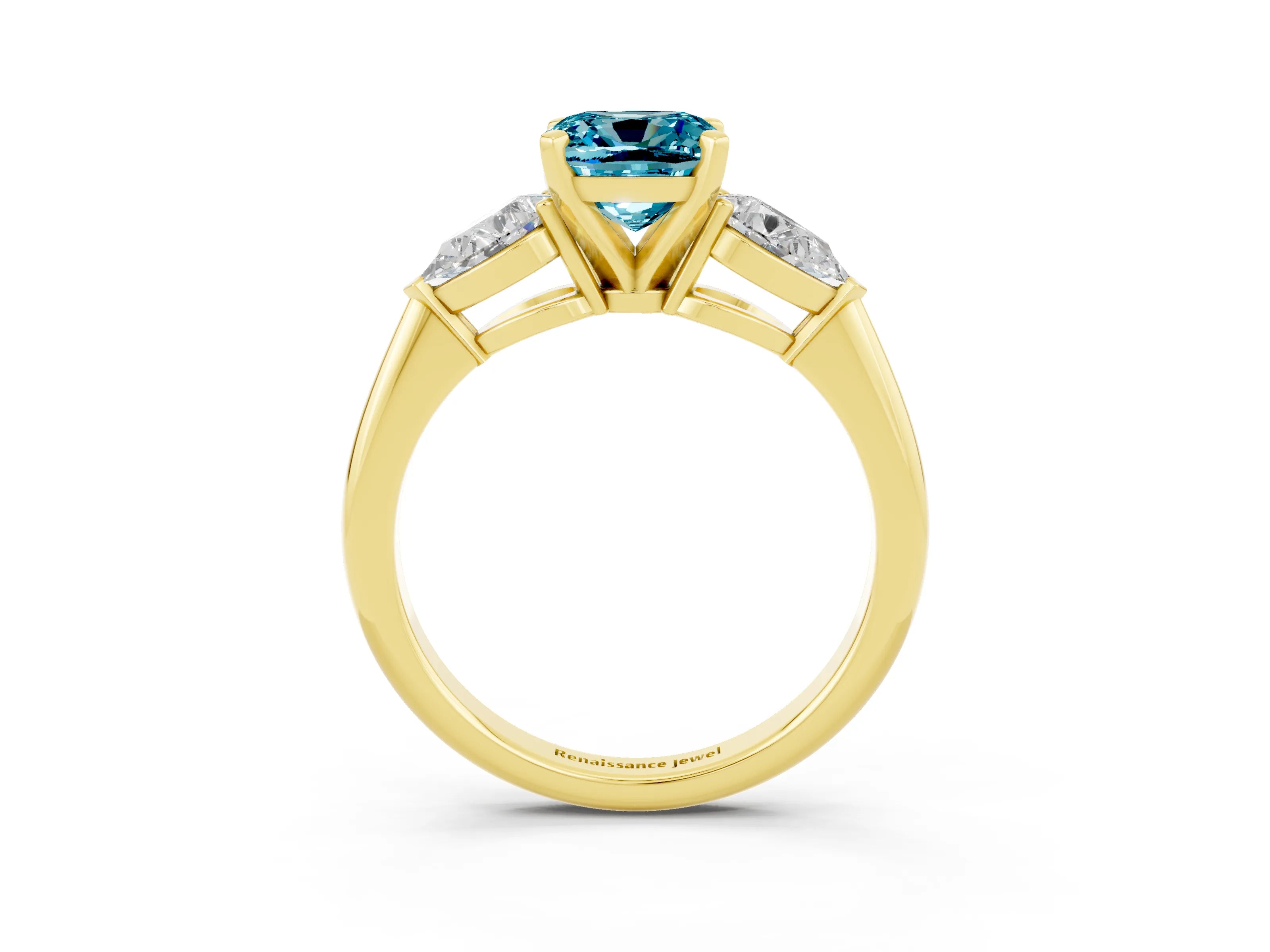 Yellow gold Three-Stone Cushion Cut Blue Topaz Ring with Pear Side Stones and Four-Prong Setting_3