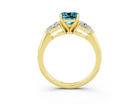 Yellow gold Three-Stone Cushion Cut Blue Topaz Ring with Pear Side Stones and Four-Prong Setting_3