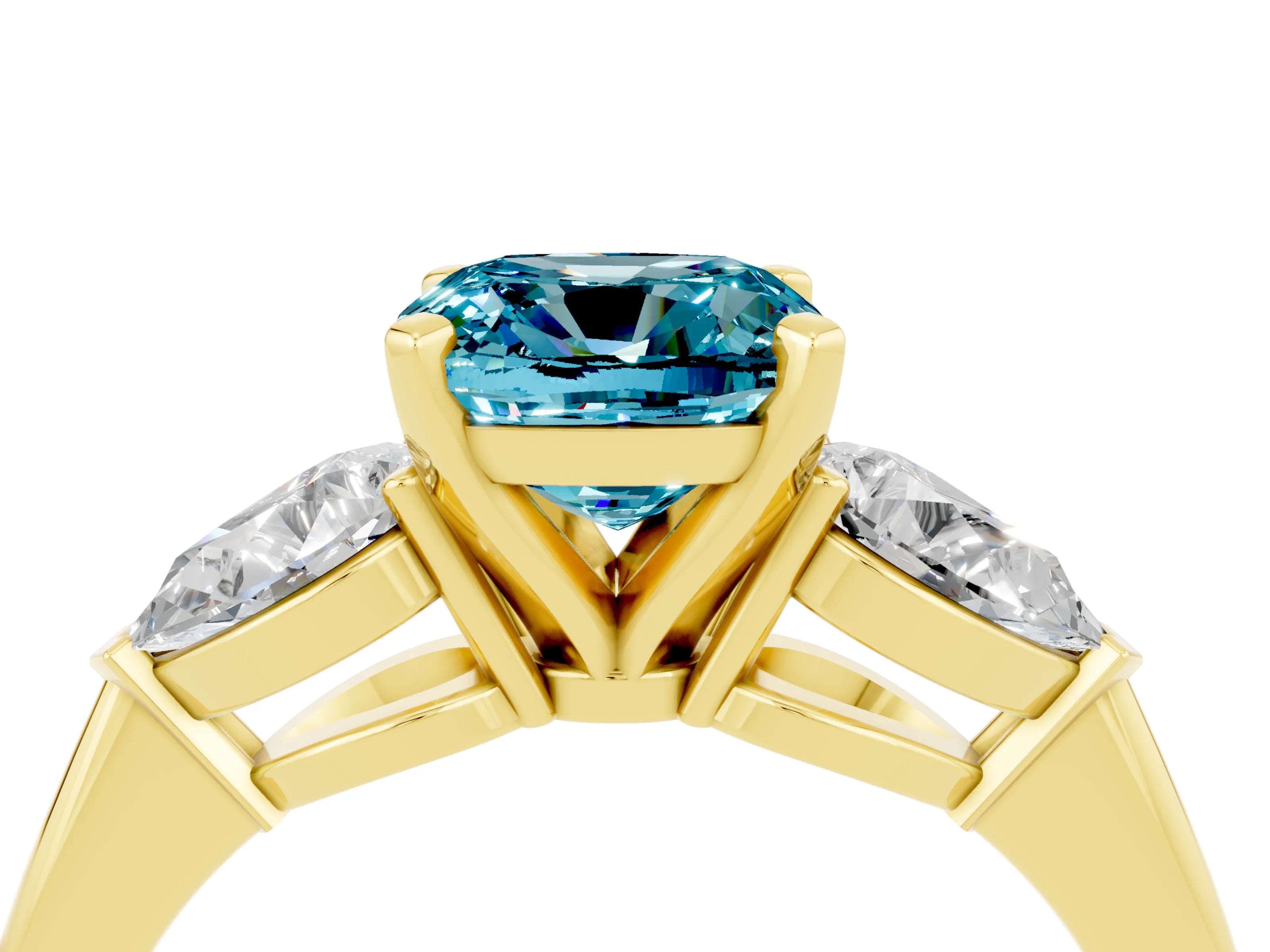 Yellow gold Three-Stone Cushion Cut Blue Topaz Ring with Pear Side Stones and Four-Prong Setting_4