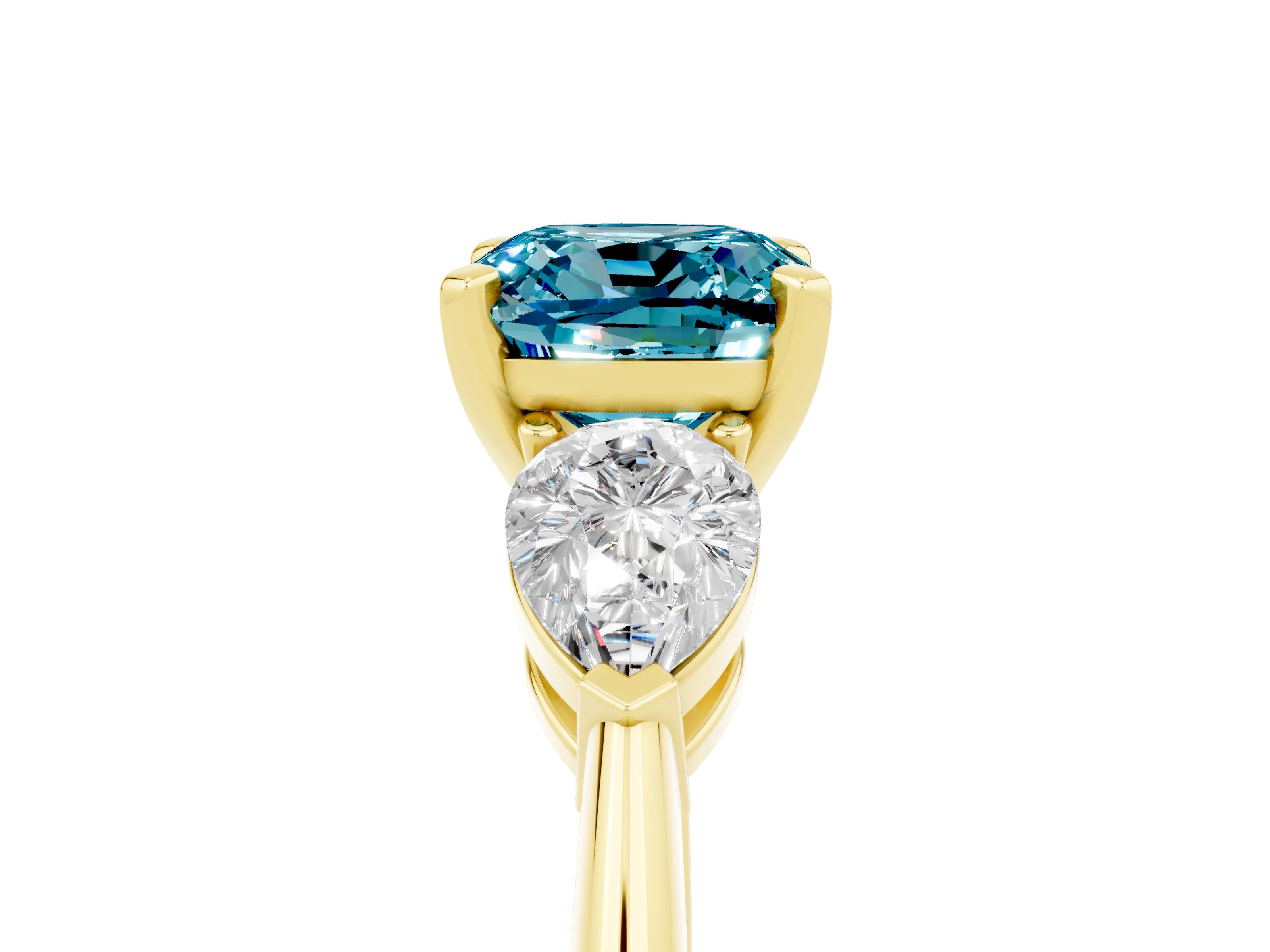 Yellow gold Three-Stone Cushion Cut Blue Topaz Ring with Pear Side Stones and Four-Prong Setting_5