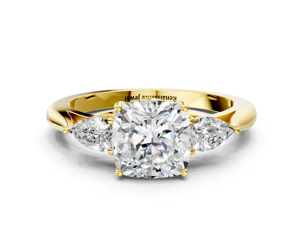 Yellow gold Three-Stone Cushion Cut Brilliant Diamond Solitaire Ring with Tapered Band and Four-Prong Setting
