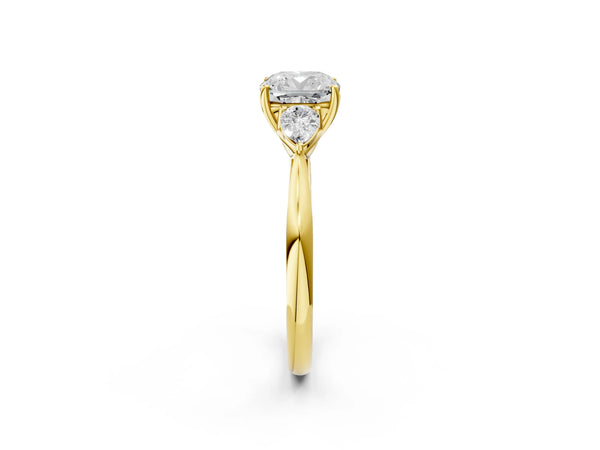 Yellow gold Three-Stone Cushion Cut Brilliant Diamond Solitaire Ring with Tapered Band and Four-Prong Setting