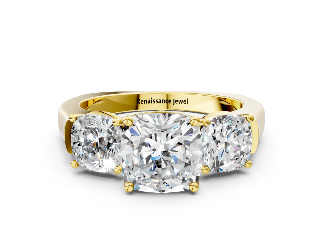 Yellow gold Three-Stone Cushion Cut Brilliant Diamond Trellis Ring with Comfort Fit Band_7