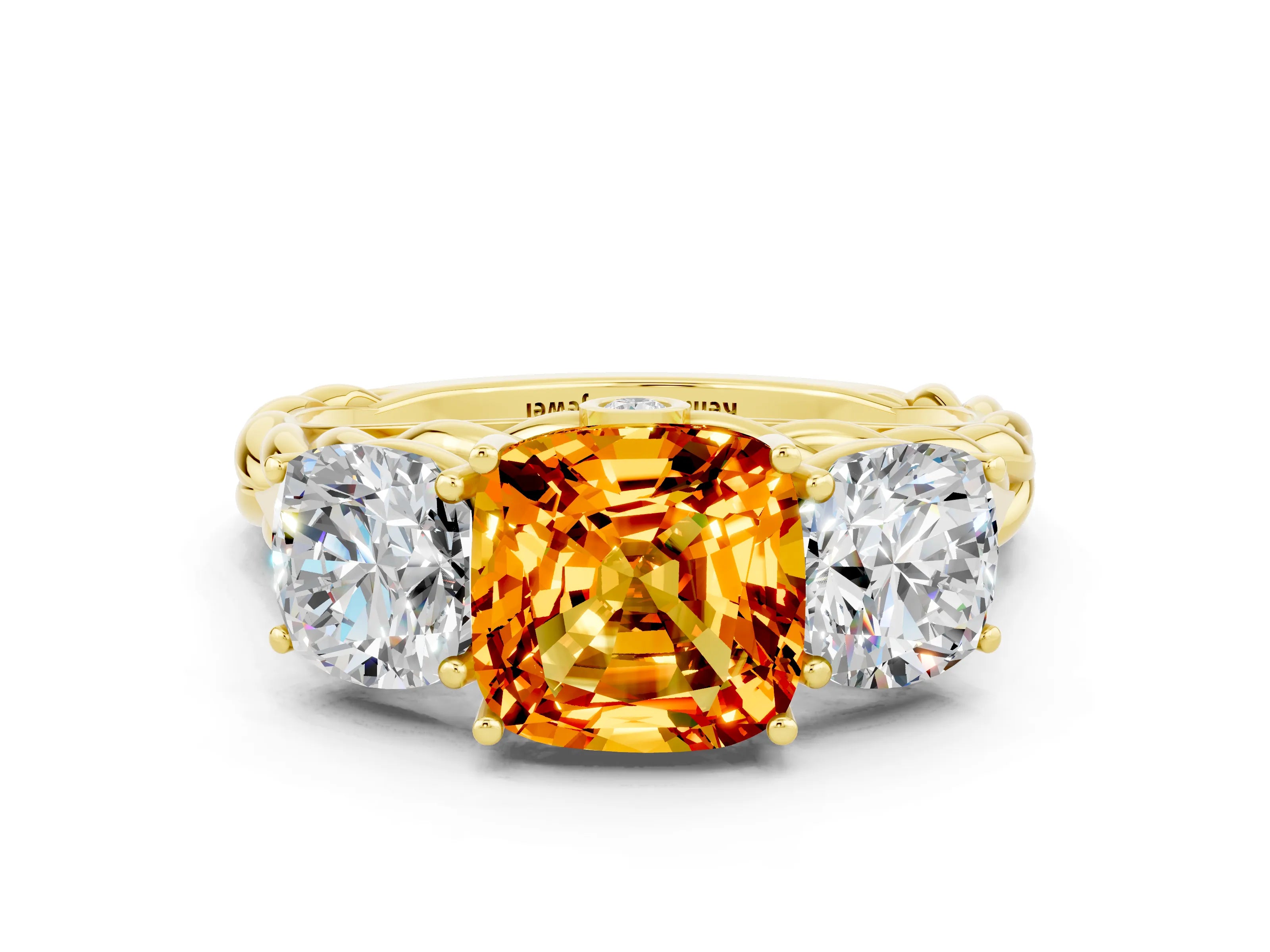 Yellow gold Three-Stone Cushion Cut Citrine Braided Band Ring with Four-Prong Setting_12