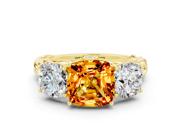 Yellow gold Three-Stone Cushion Cut Citrine Braided Band Ring with Four-Prong Setting