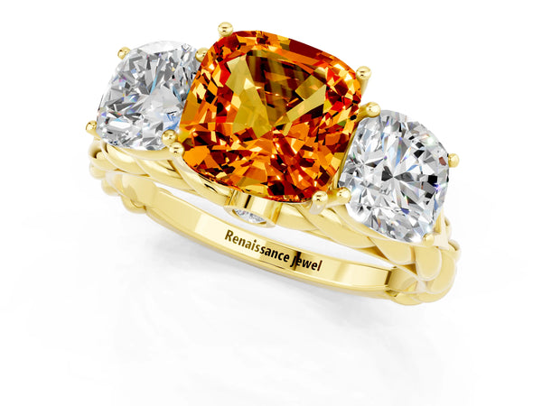 Yellow gold Three-Stone Cushion Cut Citrine Braided Band Ring with Four-Prong Setting