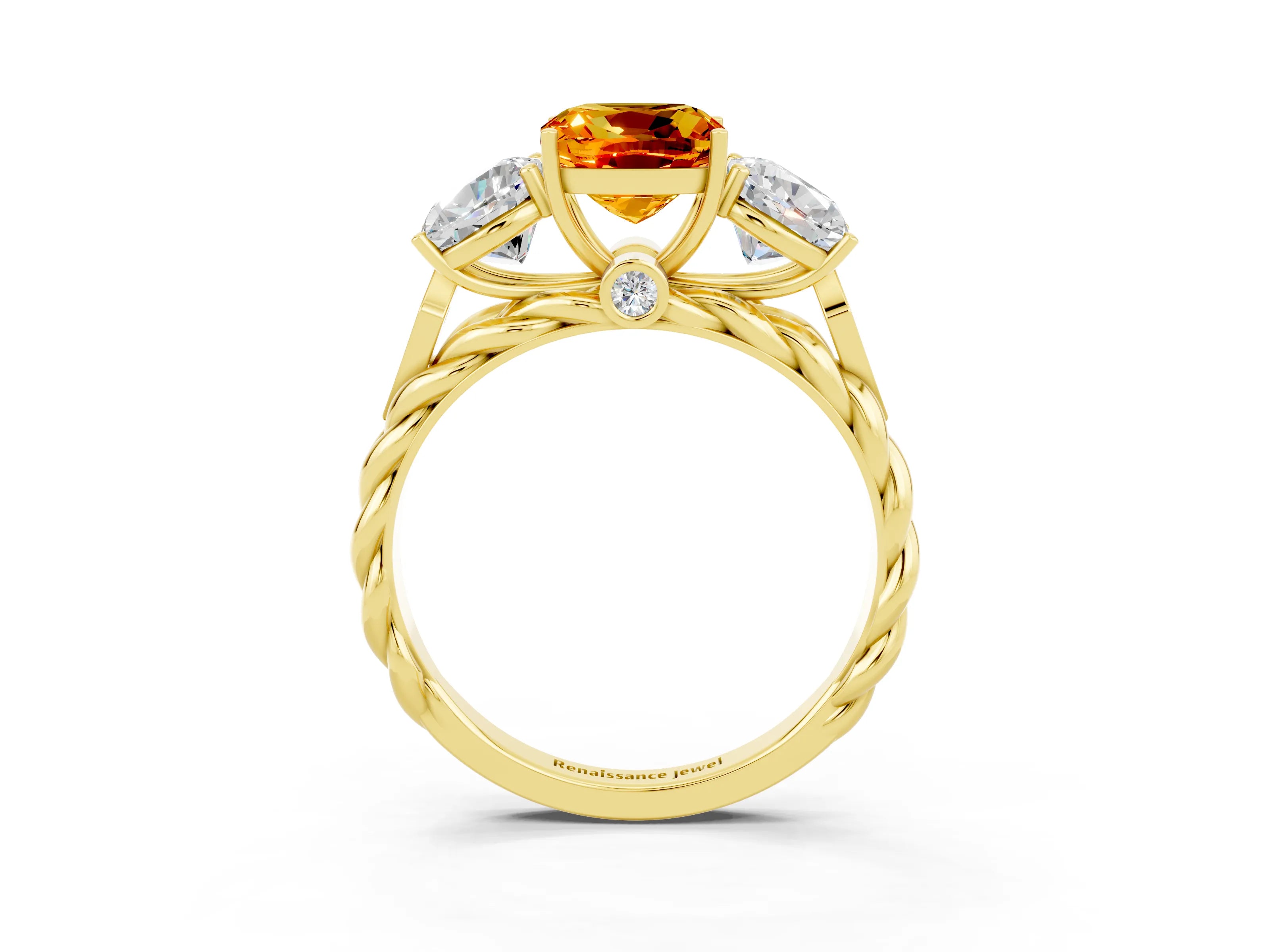 Yellow gold Three-Stone Cushion Cut Citrine Braided Band Ring with Four-Prong Setting_15