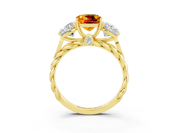 Yellow gold Three-Stone Cushion Cut Citrine Braided Band Ring with Four-Prong Setting