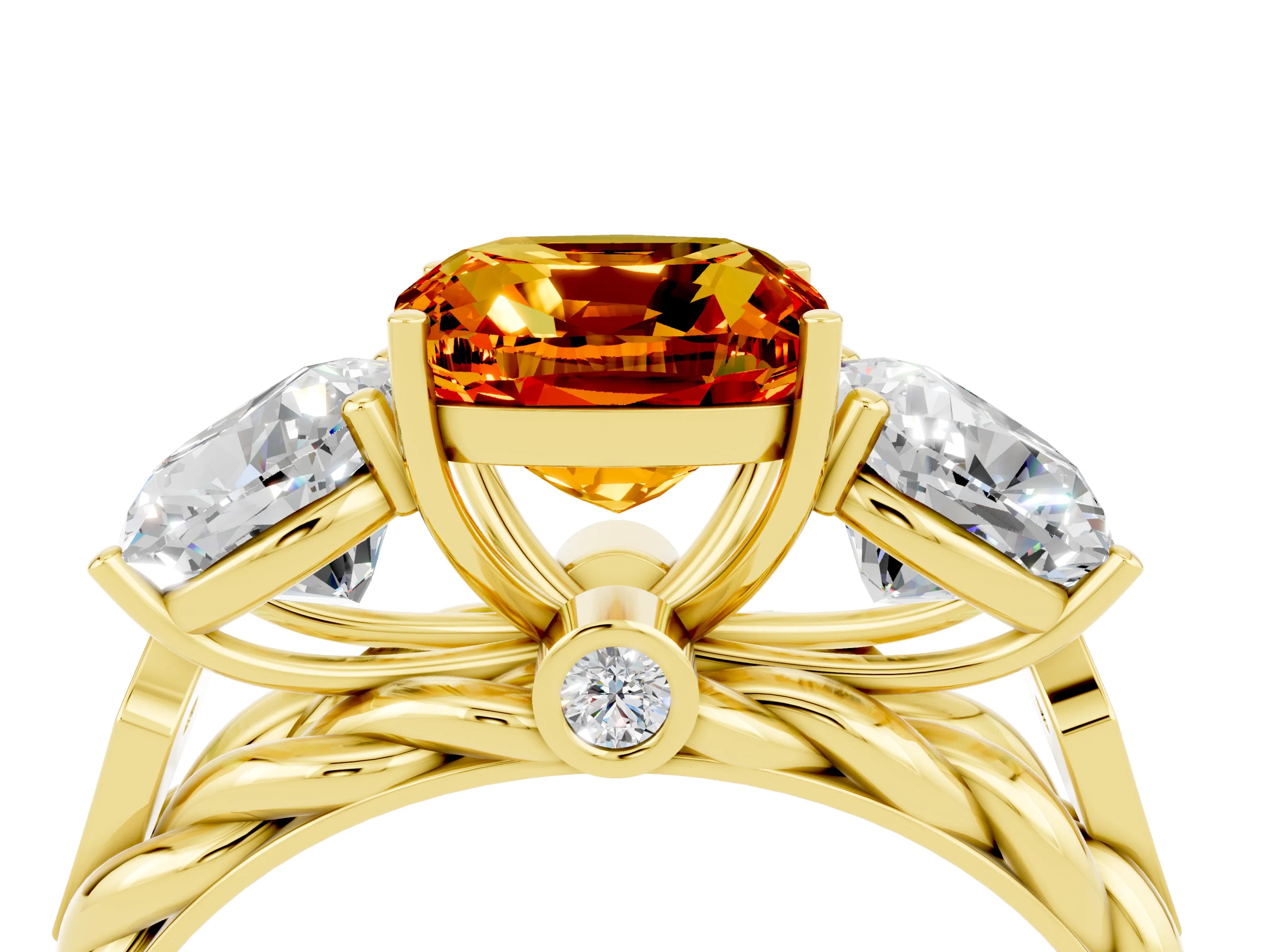 Yellow gold Three-Stone Cushion Cut Citrine Braided Band Ring with Four-Prong Setting_16