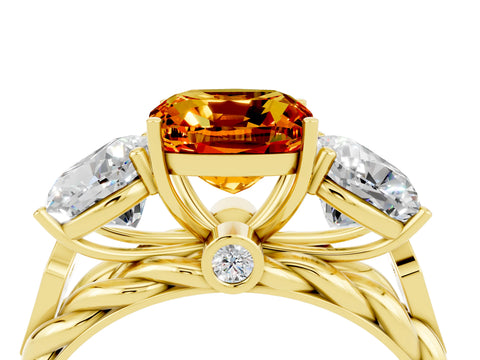 Yellow gold Three-Stone Cushion Cut Citrine Braided Band Ring with Four-Prong Setting_16