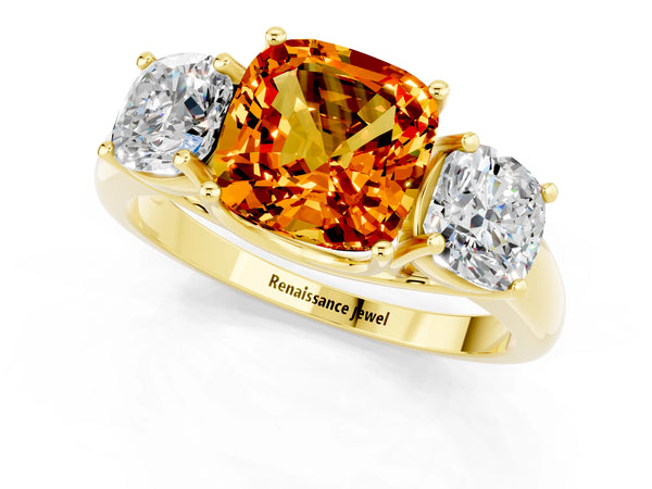 Yellow gold Three-Stone Cushion Cut Citrine Engagement Ring with Prong Setting