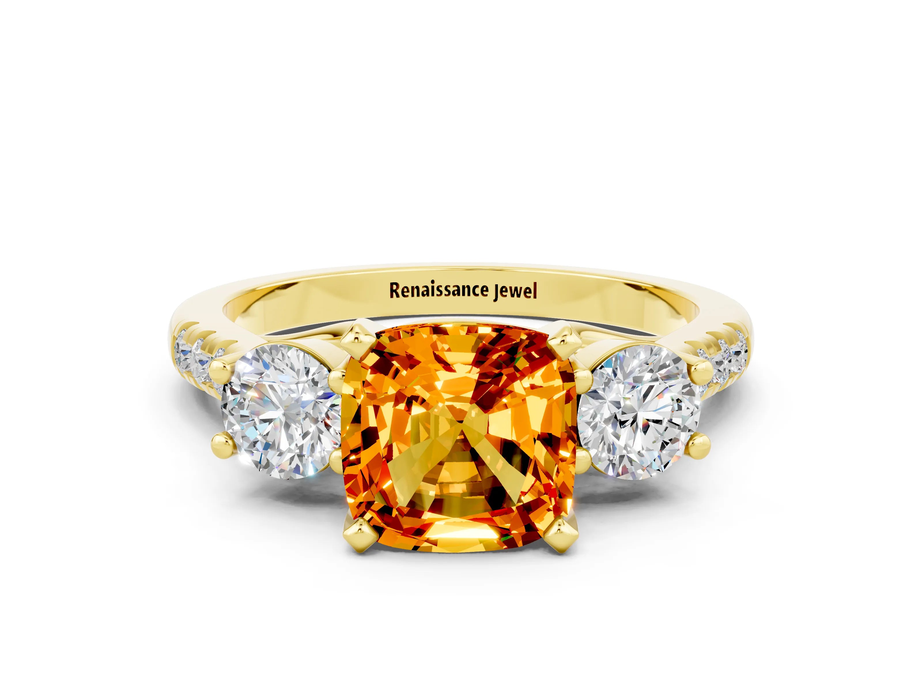 Yellow gold Three-Stone Cushion Cut Citrine Pavé Band with Four-Prong Setting