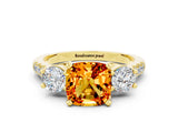 Yellow gold Three-Stone Cushion Cut Citrine Pavé Band with Four-Prong Setting