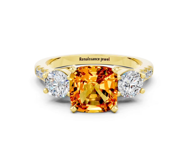 Yellow gold Three-Stone Cushion Cut Citrine Pavé Band with Four-Prong Setting
