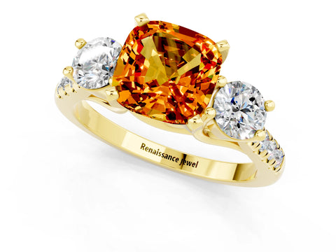 Yellow gold Three-Stone Cushion Cut Citrine Pavé Band with Four-Prong Setting_1