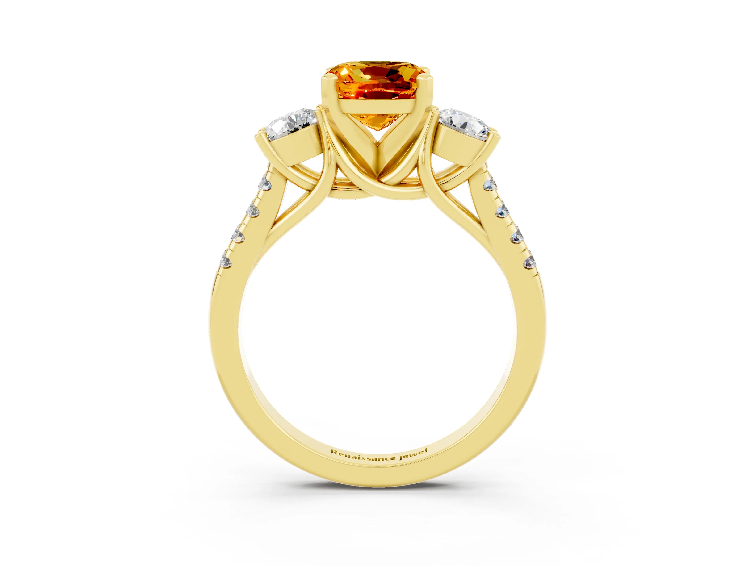 Yellow gold Three-Stone Cushion Cut Citrine Pavé Band with Four-Prong Setting_3