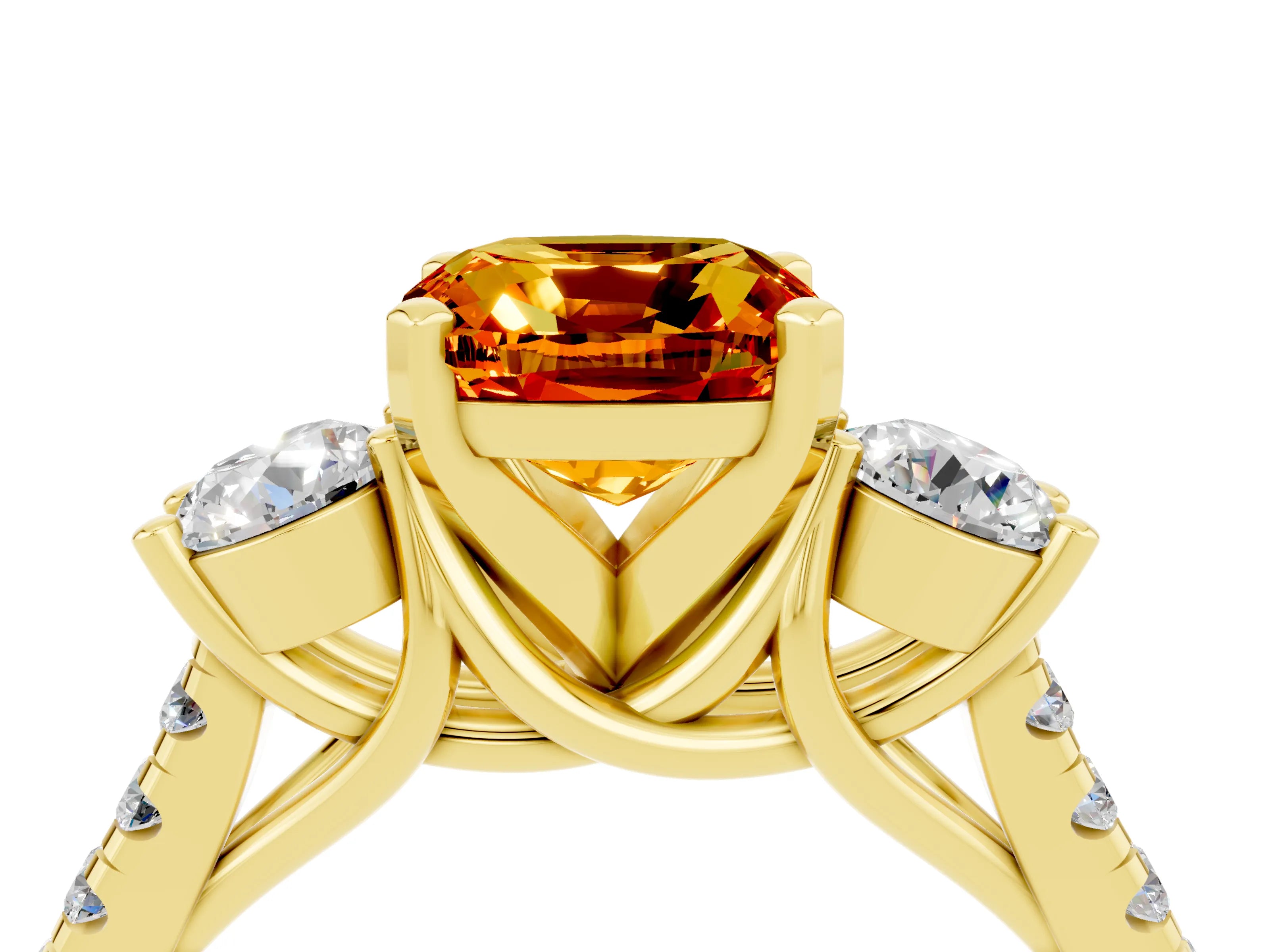 Yellow gold Three-Stone Cushion Cut Citrine Pavé Band with Four-Prong Setting_4