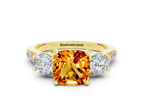 Yellow gold Three-Stone Cushion Cut Citrine Pavé Band with Four-Prong Setting