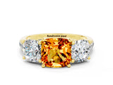 Yellow gold Three-Stone Cushion Cut Citrine Ring with Pavé Band and Prong Setting_12