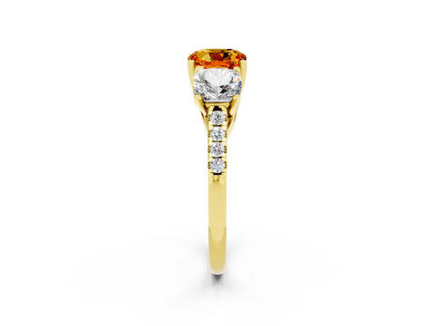 Yellow gold Three-Stone Cushion Cut Citrine Ring with Pavé Band and Prong Setting_14