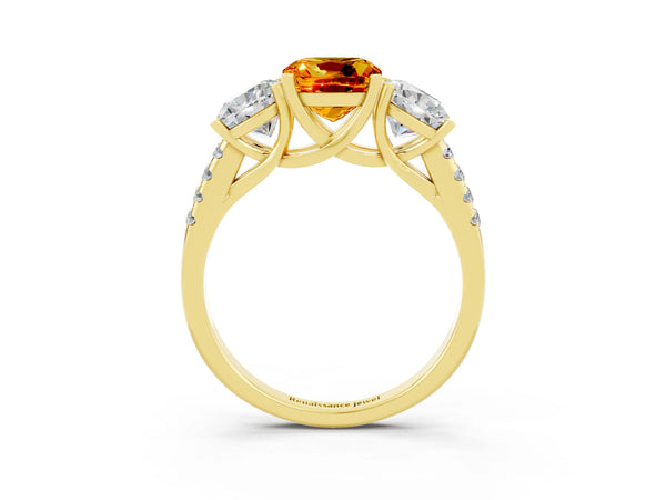 Yellow gold Three-Stone Cushion Cut Citrine Ring with Round  Pavé Band and Prong Setting