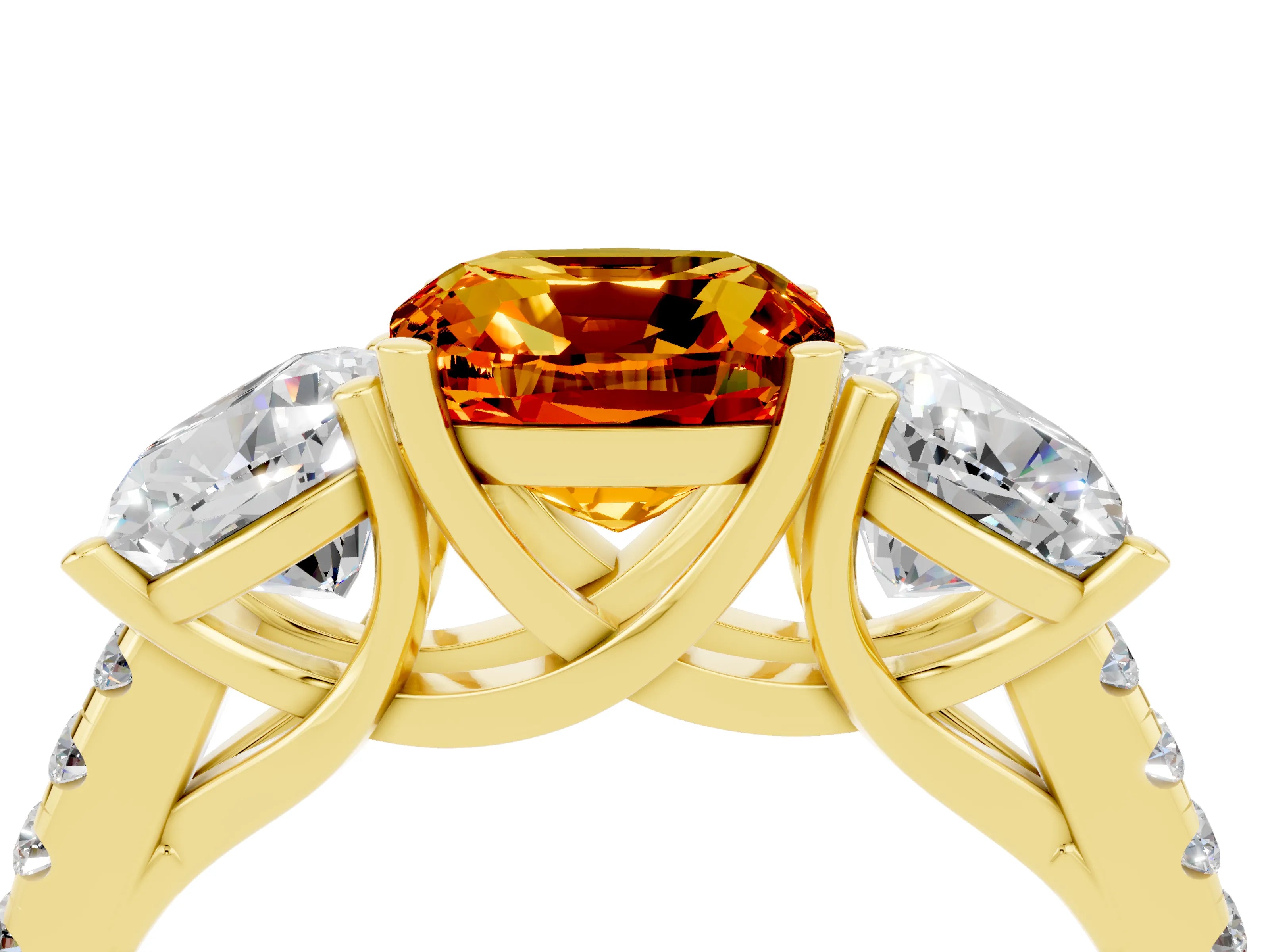 Yellow gold Three-Stone Cushion Cut Citrine Ring with Pavé Band and Prong Setting_16