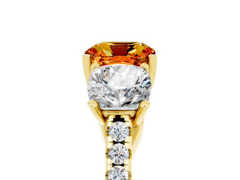 Yellow gold Three-Stone Cushion Cut Citrine Ring with Pavé Band and Prong Setting_17