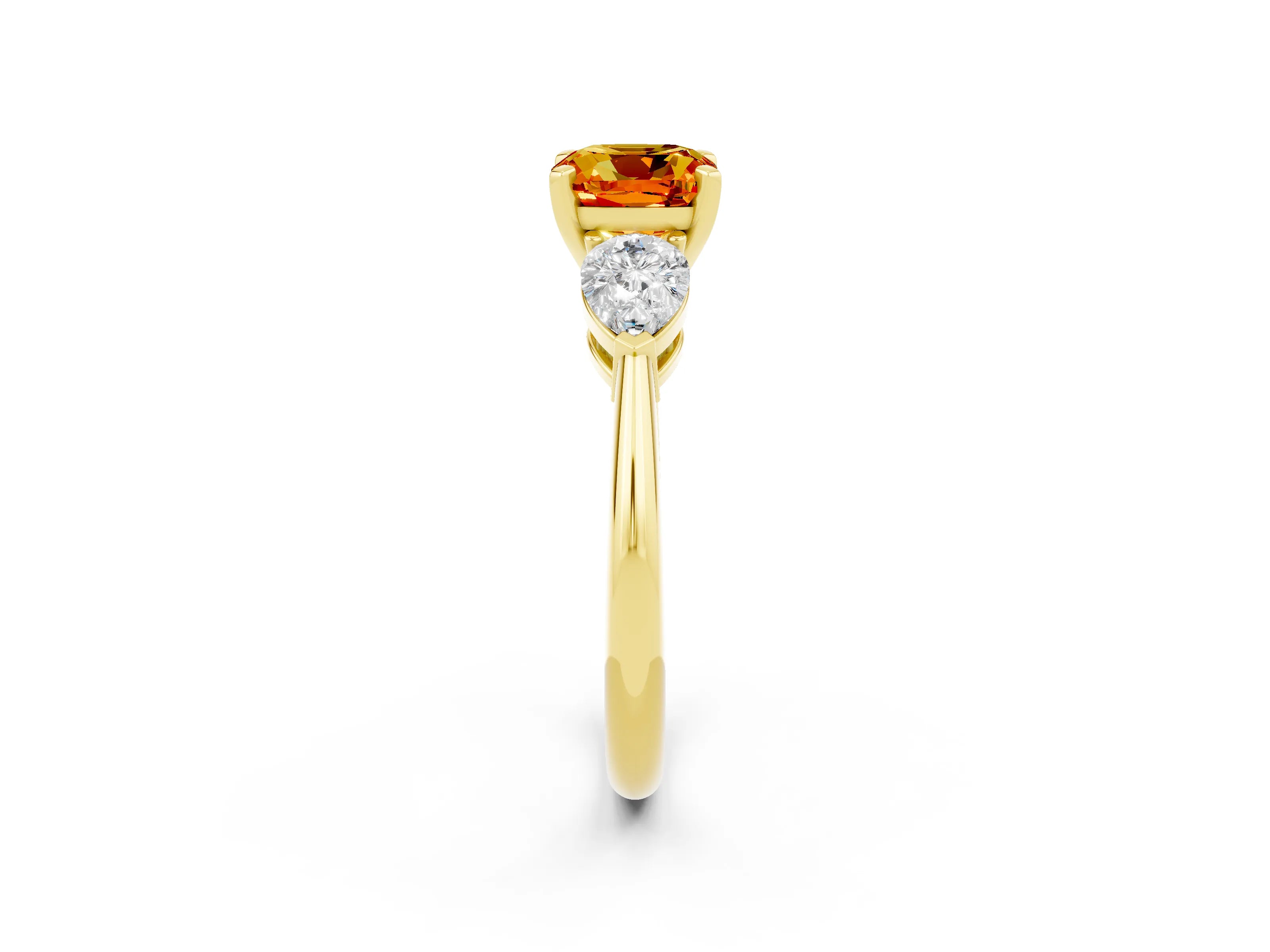 Yellow gold Three-Stone Cushion Cut Citrine Ring with Pear Side Stones and Four-Prong Setting_2