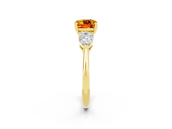 Yellow gold Three-Stone Cushion Cut Citrine Ring with Pear Side Stones and Four-Prong Setting