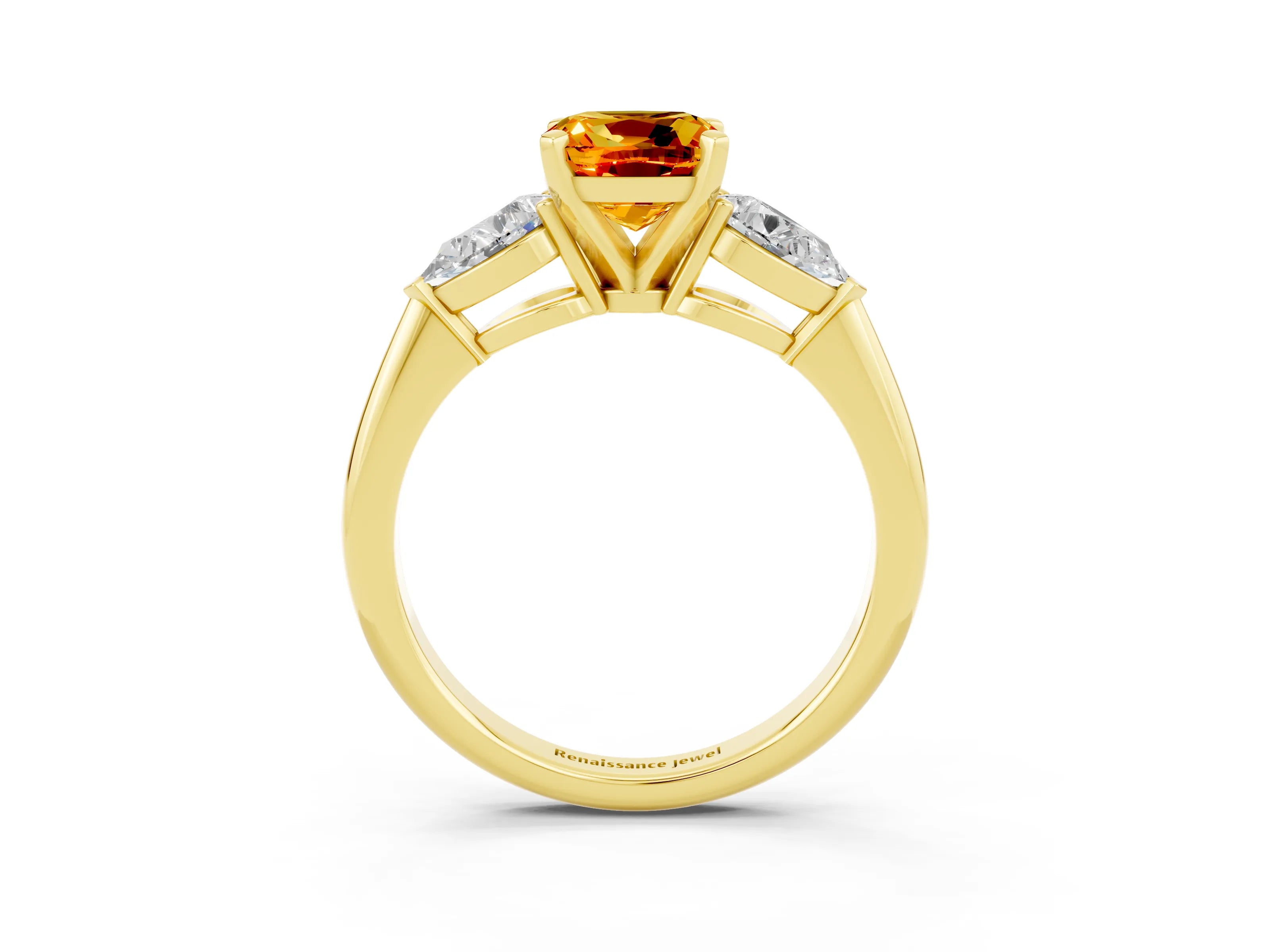 Yellow gold Three-Stone Cushion Cut Citrine Ring with Pear Side Stones and Four-Prong Setting_3