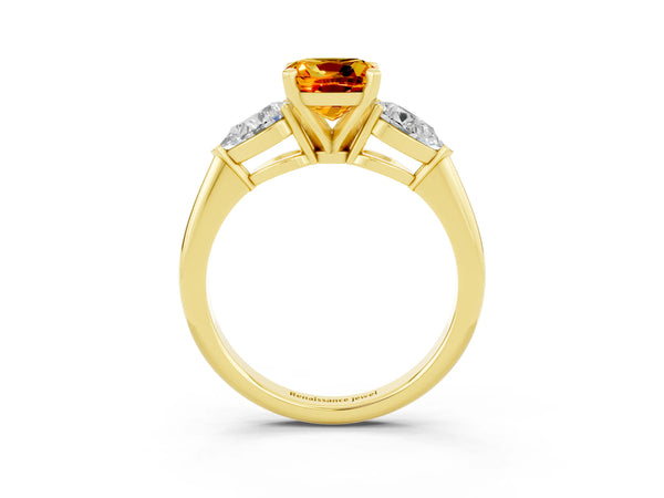 Yellow gold Three-Stone Cushion Cut Citrine Ring with Pear Side Stones and Four-Prong Setting