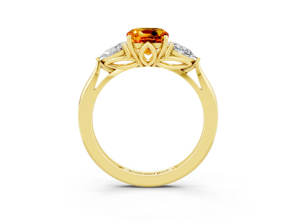 Yellow gold Three-Stone Cushion Cut Citrine Ring with Pear  Side Stones in Four-Prong Setting