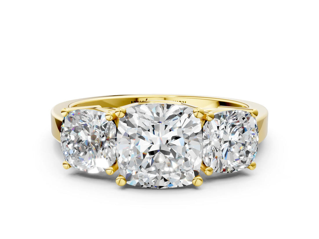 Yellow gold Three-Stone Cushion Cut Cut Diamond Engagement Ring with Flat Band and Four-Prong Setting_8