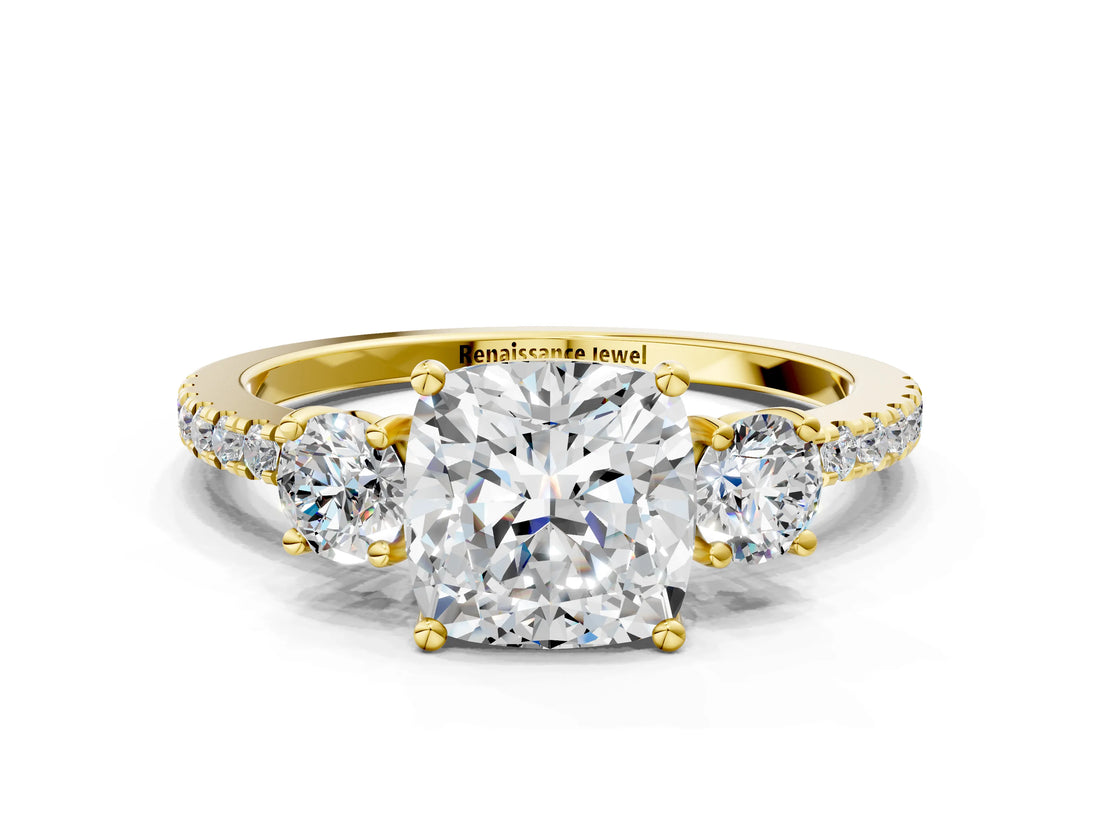 Yellow gold Three-Stone Cushion Cut Cut Diamond Pavé Band with Prong Setting_15