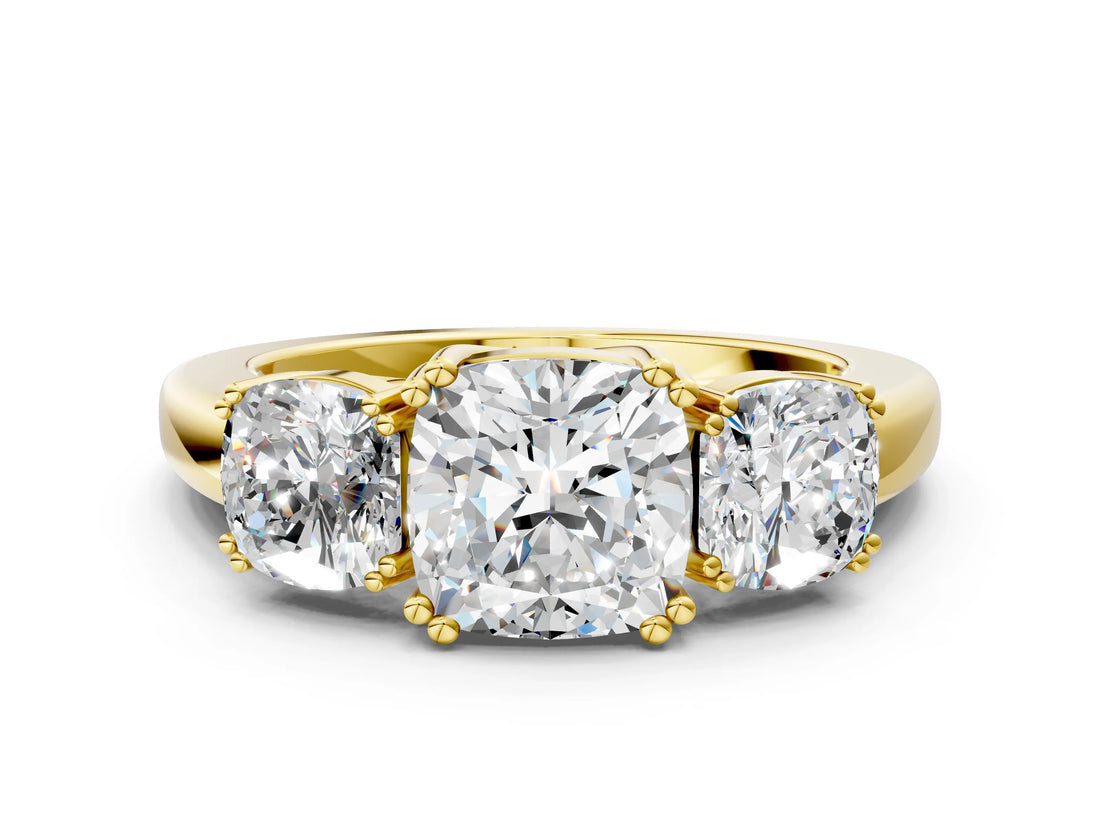 Yellow gold Three-Stone Cushion Cut Cut Diamond Ring with Channel Set Band and Four-Prong Setting_11