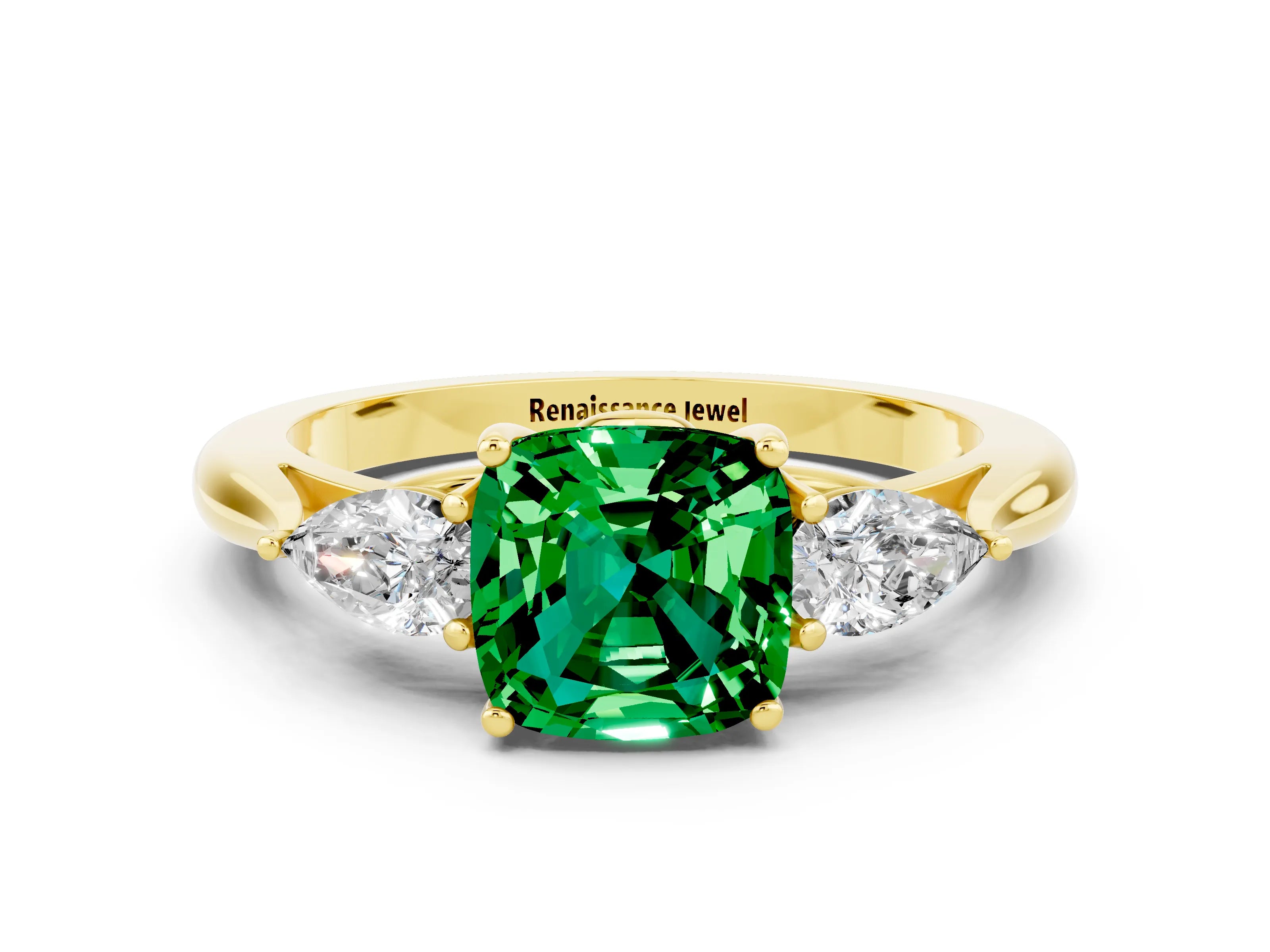 Yellow gold Three-Stone Cushion Cut Cut Diamond Ring with Pear Side Stones in Four-Prong Setting