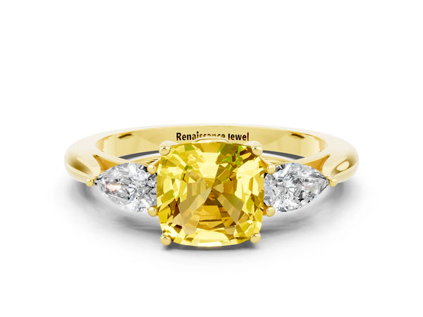 Yellow gold Three-Stone Cushion Cut Yellow Sapphire Ring with Pear  Side Stones in Four-Prong Setting