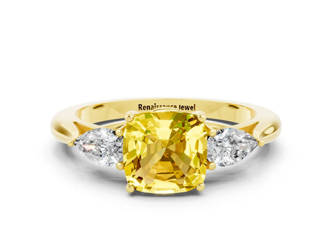 Yellow gold Three-Stone Cushion Cut Cut Diamond Ring with Pear Side Stones in Four-Prong Setting