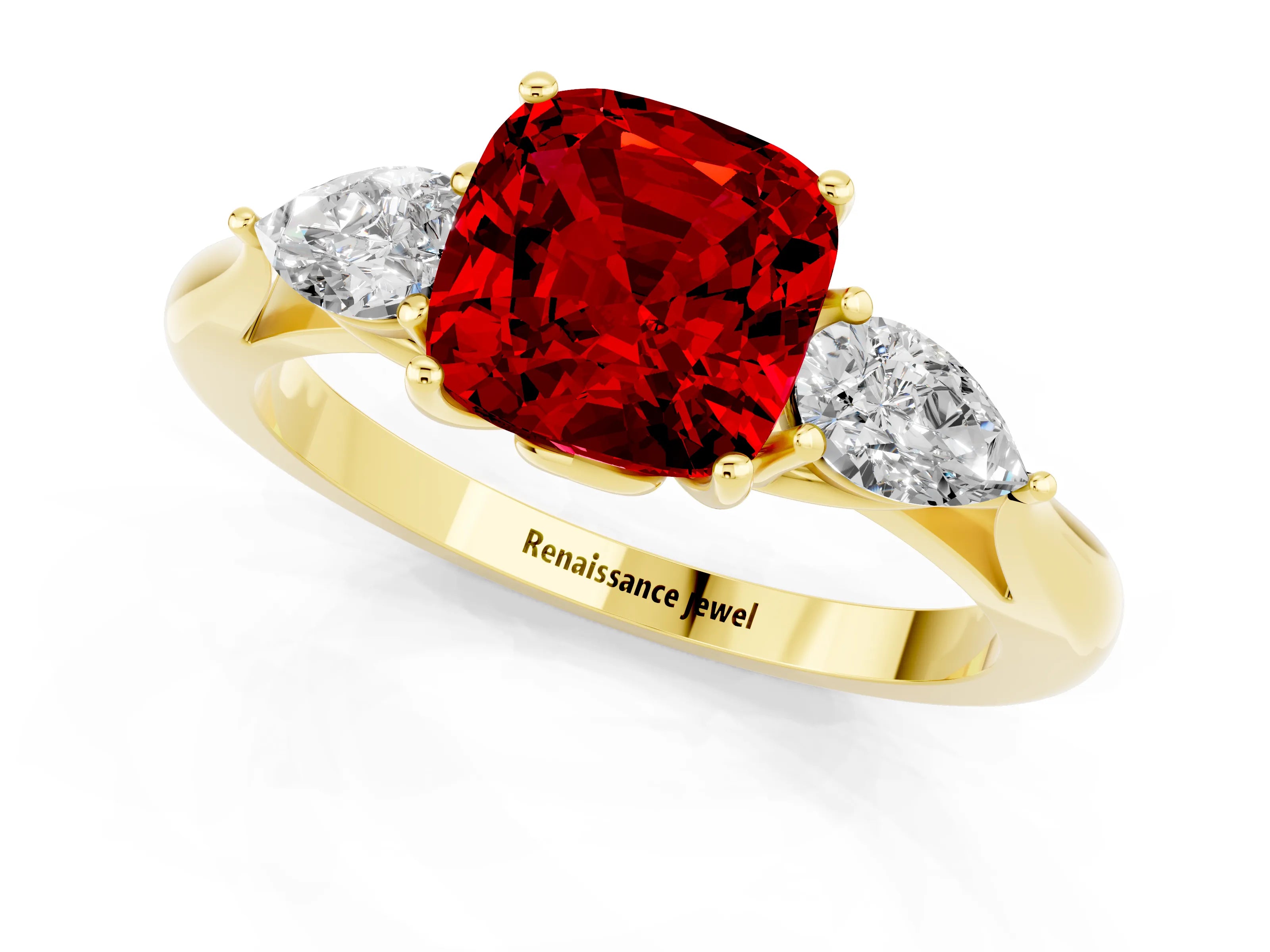 Yellow gold Three-Stone Cushion Cut Cut Diamond Ring with Pear Side Stones in Four-Prong Setting_1
