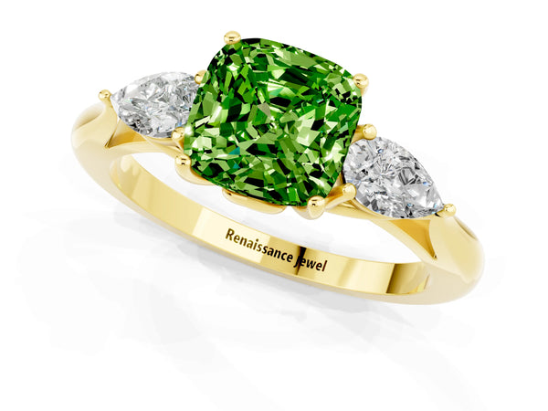 Yellow gold Three-Stone Cushion Cut Cut Diamond Ring with Pear Side Stones in Four-Prong Setting