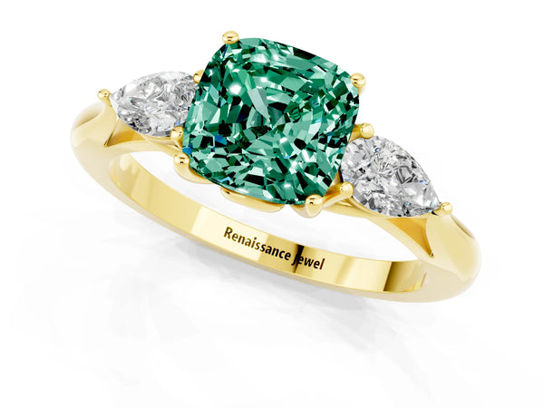 Yellow gold Three-Stone Cushion Cut Green Sapphire Ring with Pear  Side Stones in Four-Prong Setting